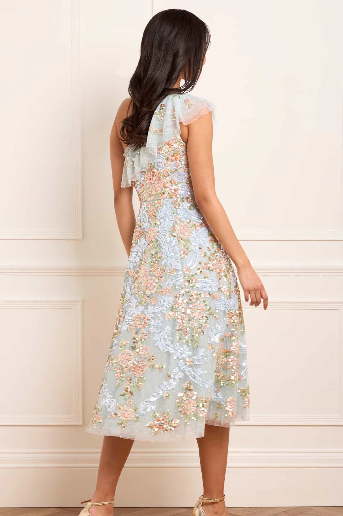 Nordic Plain Ribbed-Texture Baroque Floral One-Shoulder Midaxi Dress