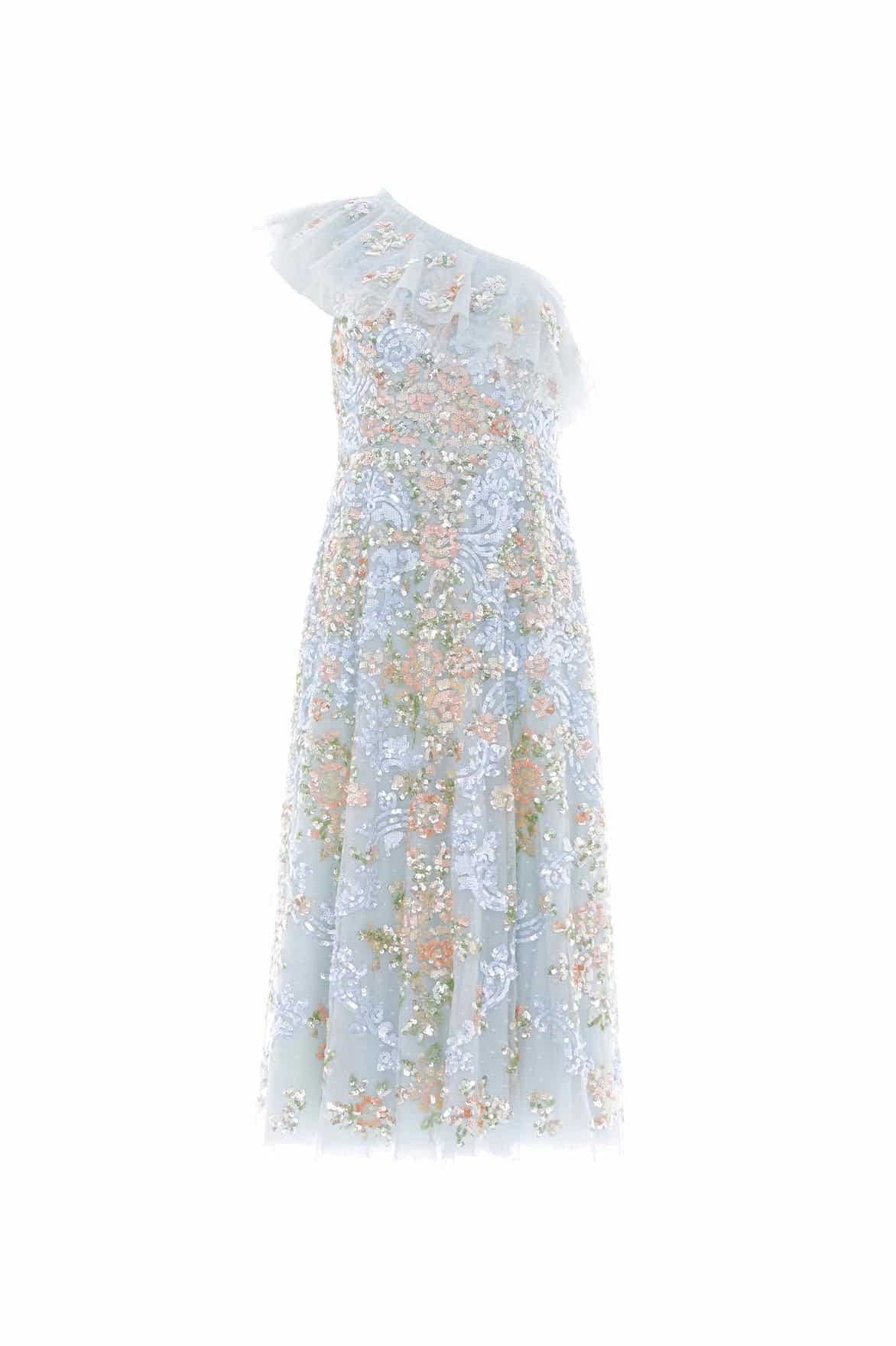 Light Drape Baroque Floral One-Shoulder Midaxi Dress