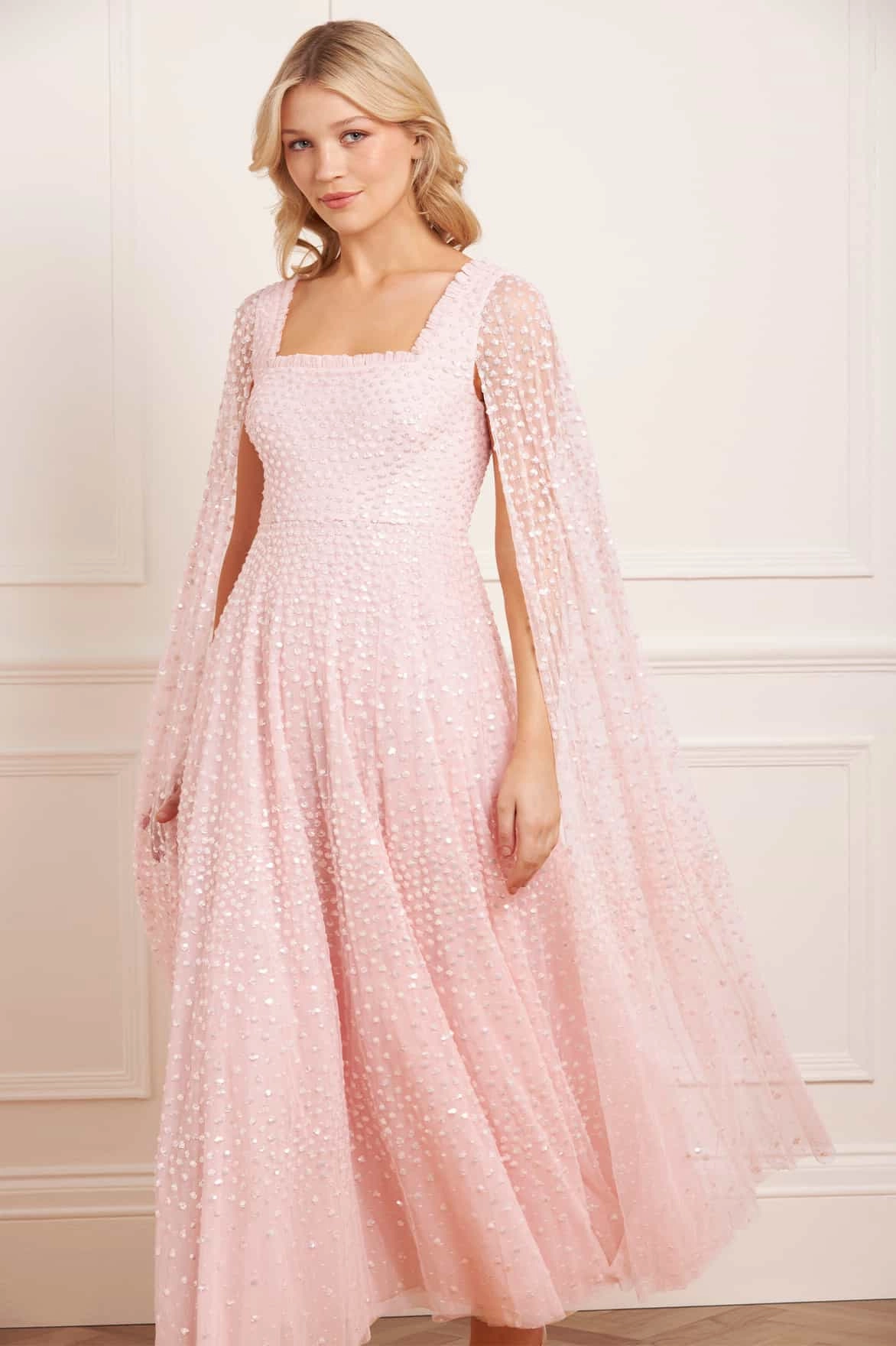 Scatter Dot Cape Sleeve Ankle Gown Perfect Layer Built-In-Slip