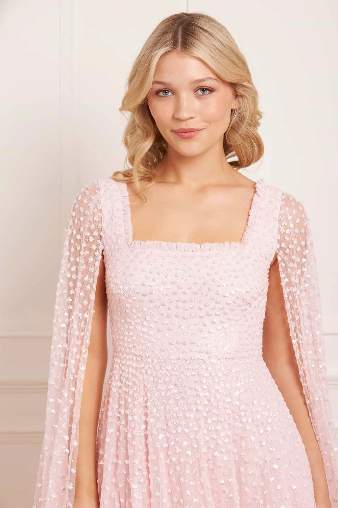 Scatter Dot Cape Sleeve Ankle Gown button detail Soft Tone