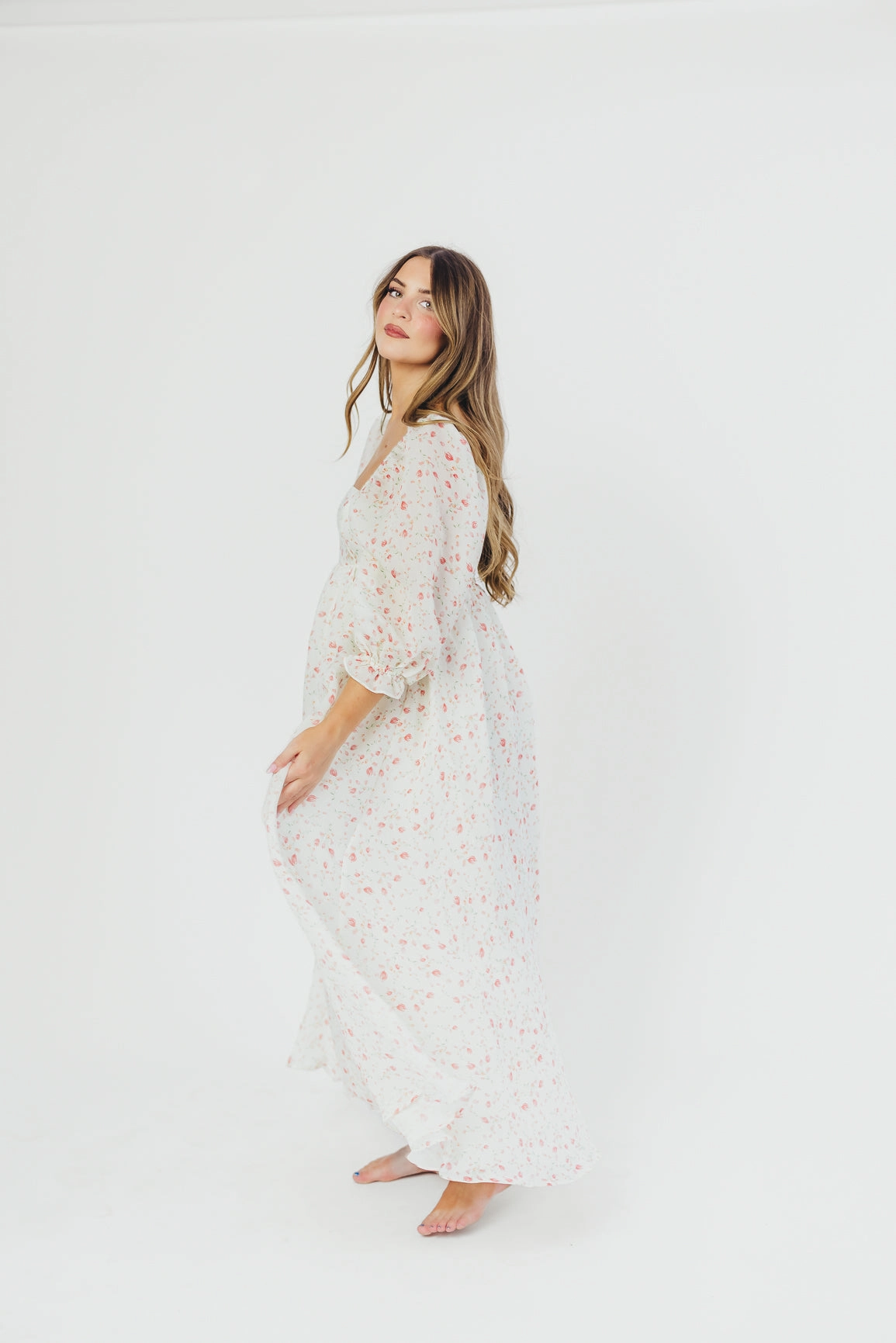 Crisp Texture All Look Mona Maxi Dress with Smocking in Ivory Floral - Bump Friendly & Inclusive Sizing (S-2XL)