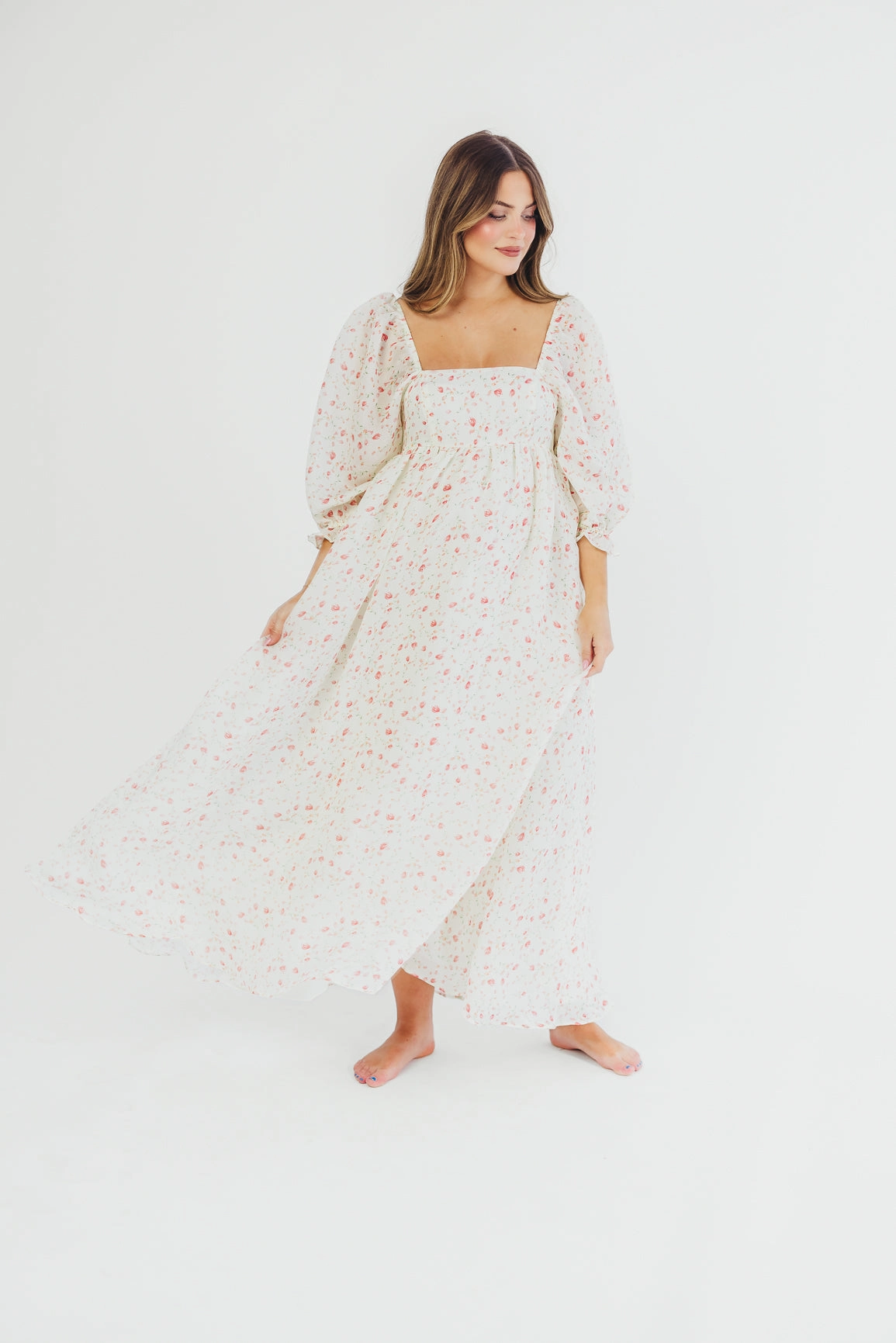 Mona Maxi Dress with Smocking in Ivory Floral - Bump Friendly & Inclusive Sizing (S-2XL) Bohemian style