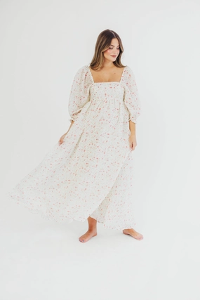 Mona Maxi Dress with Smocking in Ivory Floral - Bump Friendly & Inclusive Sizing (S-2XL) Bohemian style