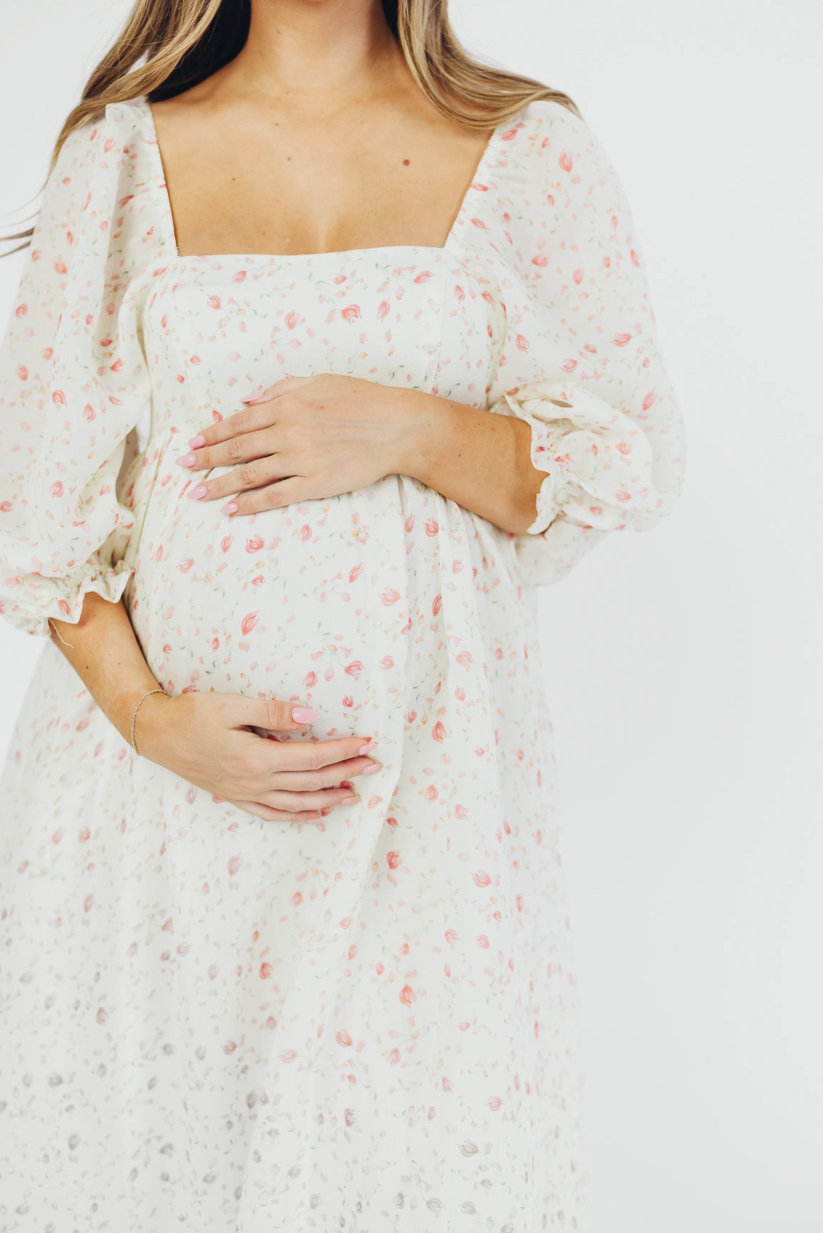 Style Base Dressy Yet Comfortable Mona Maxi Dress with Smocking in Ivory Floral - Bump Friendly & Inclusive Sizing (S-2XL)