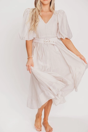 Courtney Puffed Sleeve Midi Dress with Belt in Natural Cozy Layer
