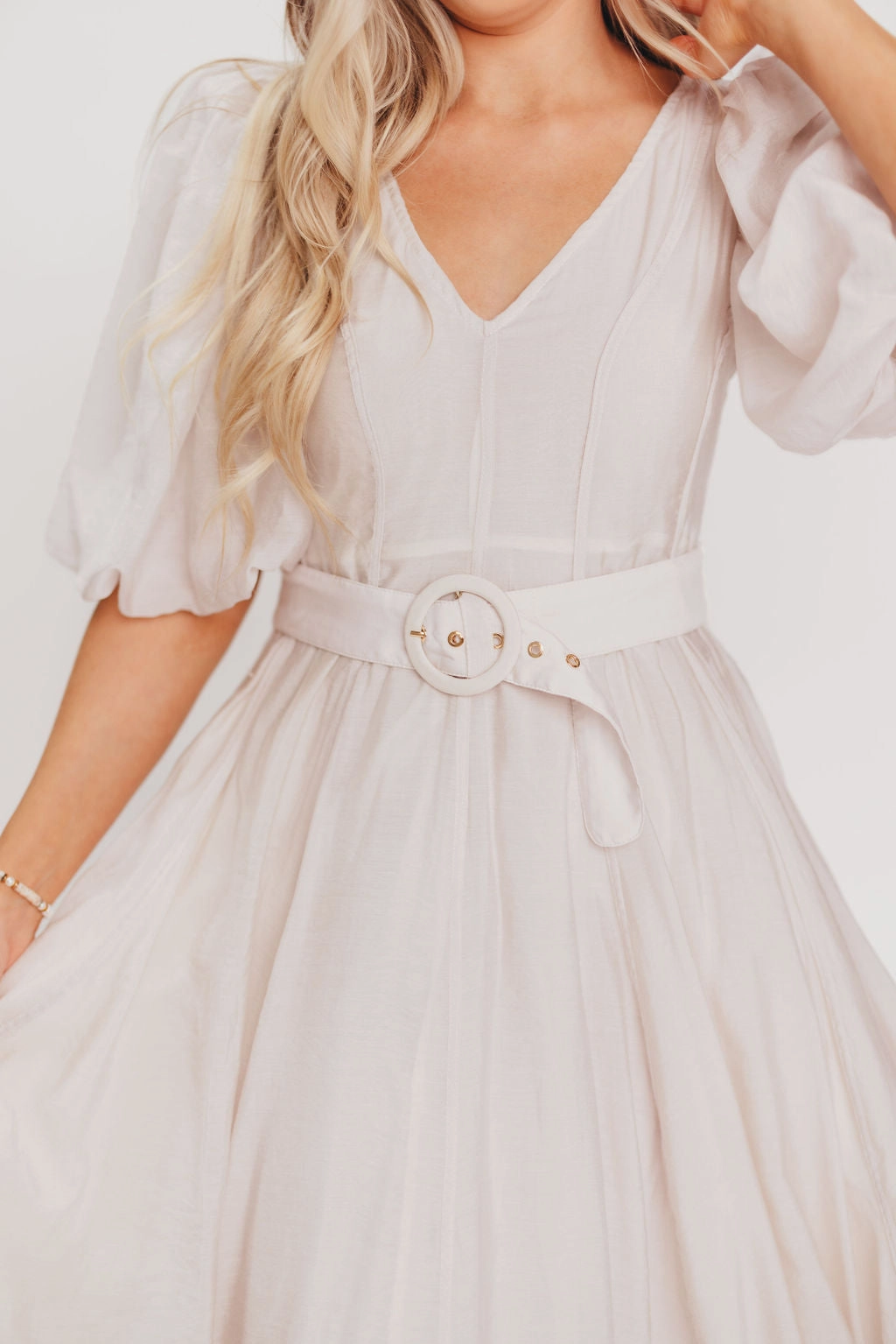 Bright Feel Courtney Puffed Sleeve Midi Dress with Belt in Natural
