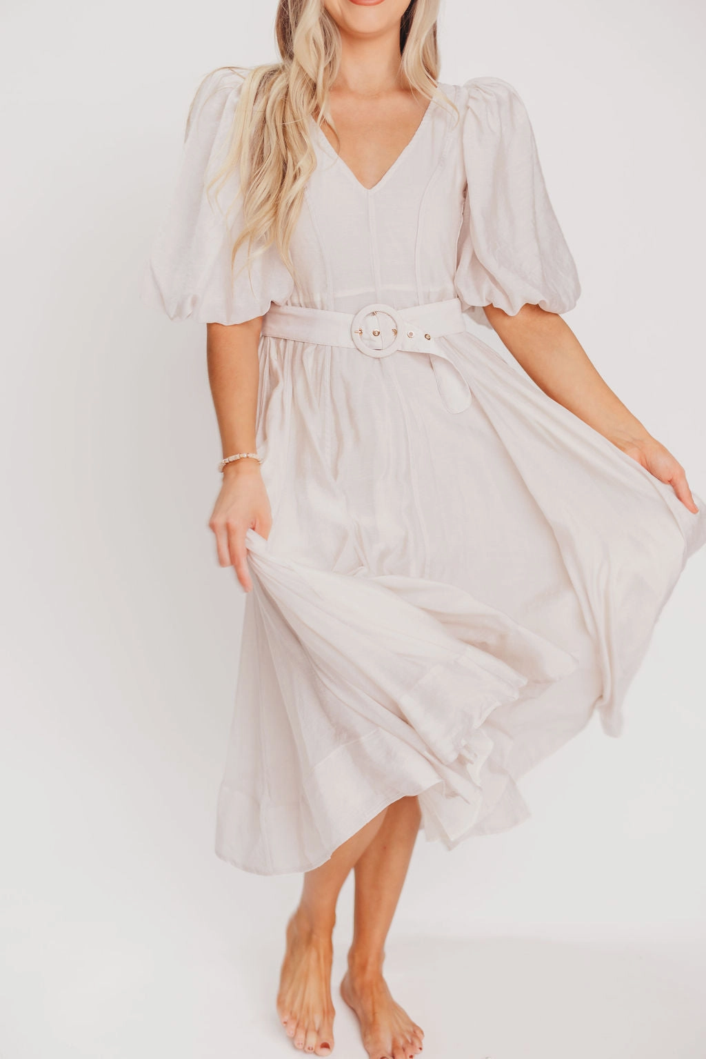 Courtney Puffed Sleeve Midi Dress with Belt in Natural Cozy Layer