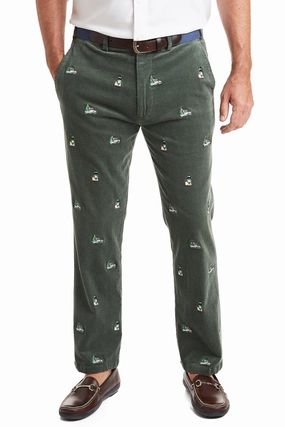 Four Way Stretch Performance Ready Beachcomber Corduroy Pant Olive with Santa Boat and Lighthouse