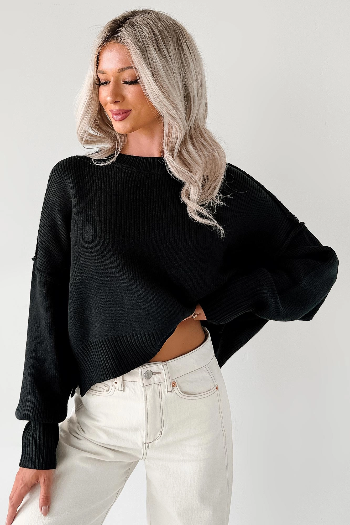 The Quiet After Ribbed Knit Crop Sweater (Black) Bound Seam Finish SeamFree Knitting
