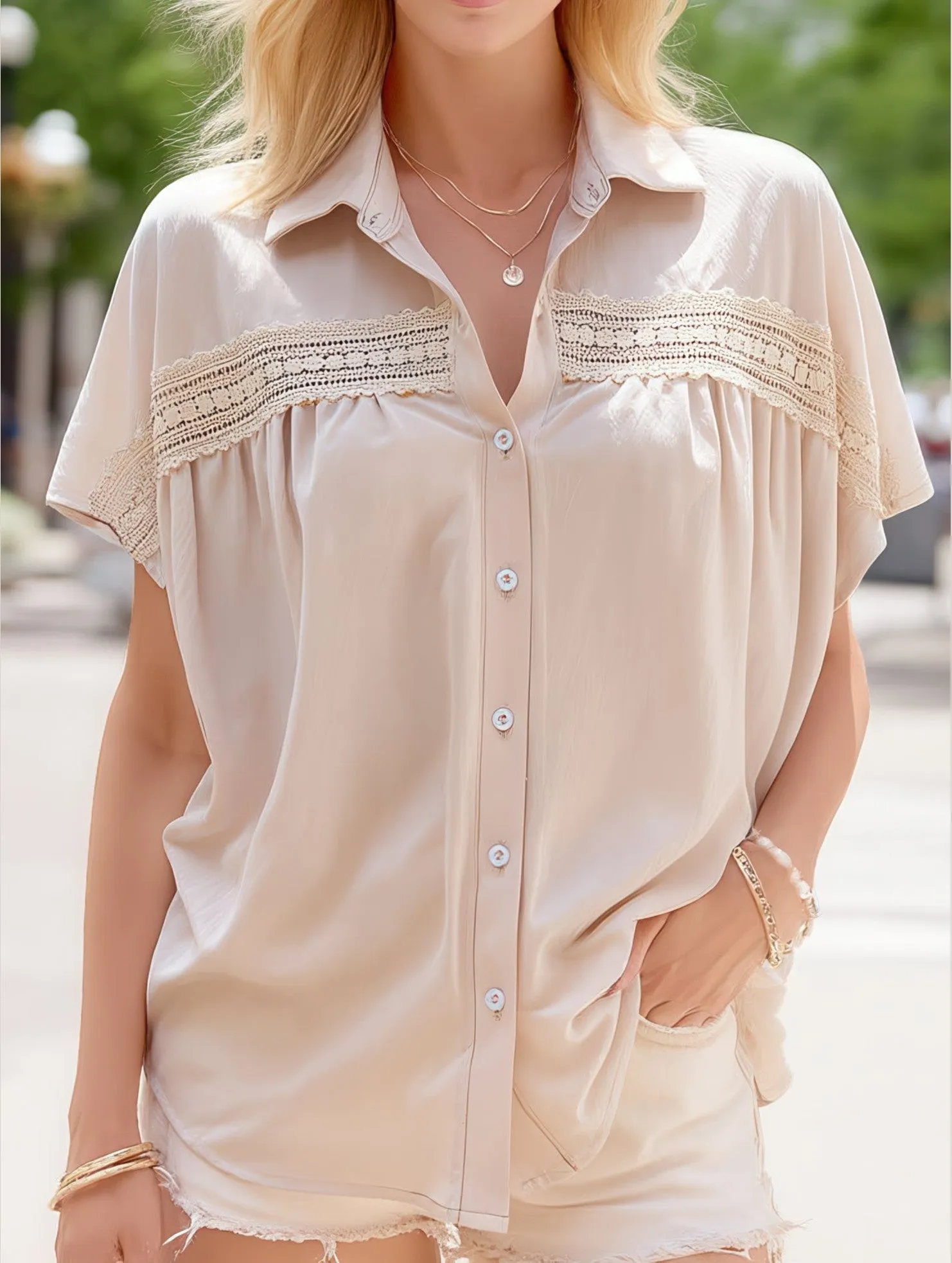 High Collar Protection Design Breathable Tank V-Neck Button Up Solid Color Lace Cutout Shirt ??Elegant & Stylish