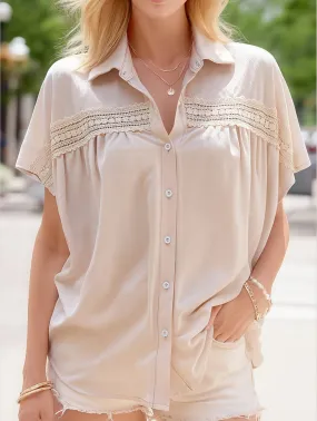 Non Chafing Edges MultiFunctionalDesign V-Neck Button Up Solid Color Lace Cutout Shirt ??Elegant & Stylish