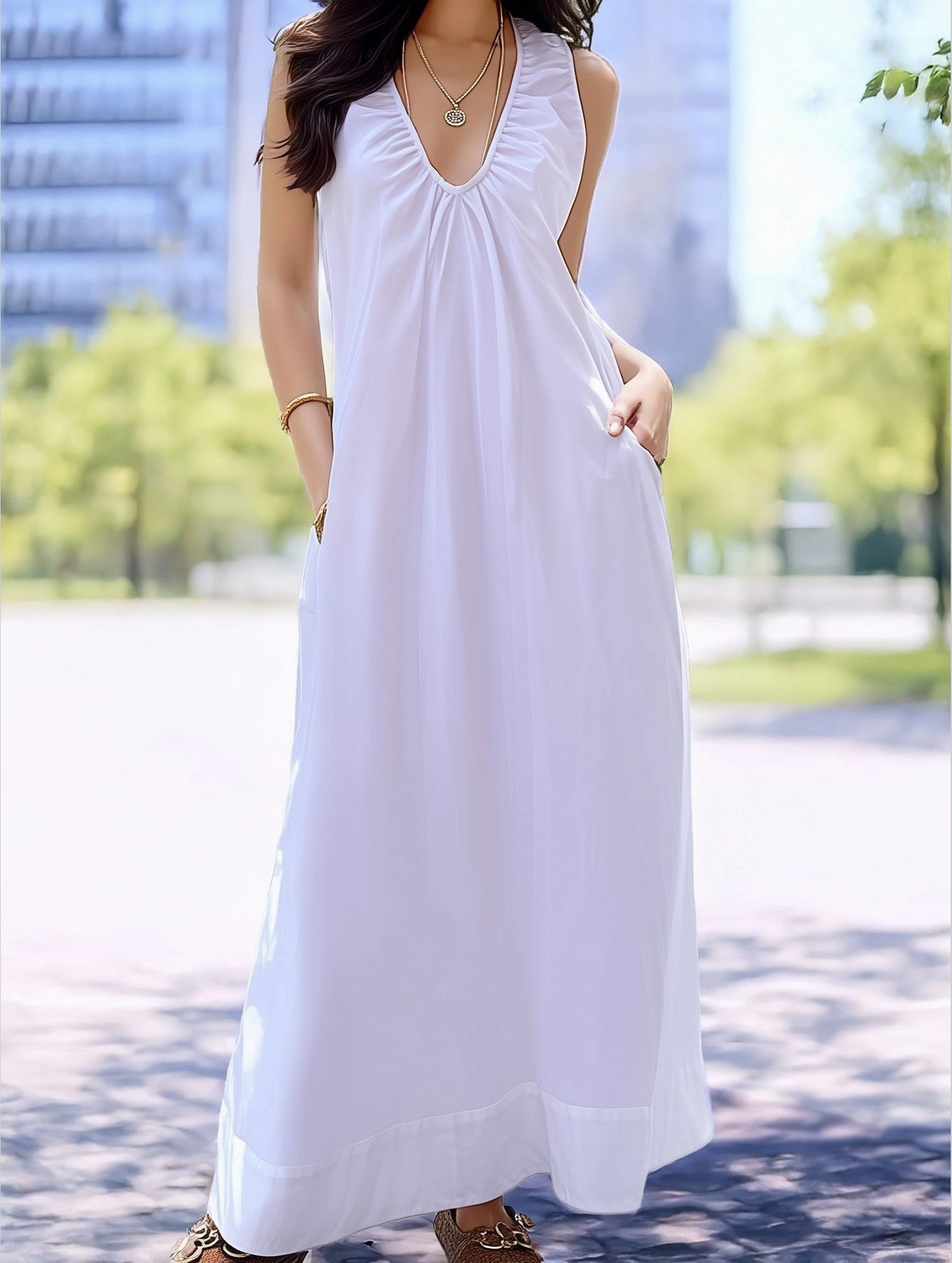 Bright Vibe Seaside Vacation Sleeveless U-Neck Maxi Dress ??Flowy Resort Style