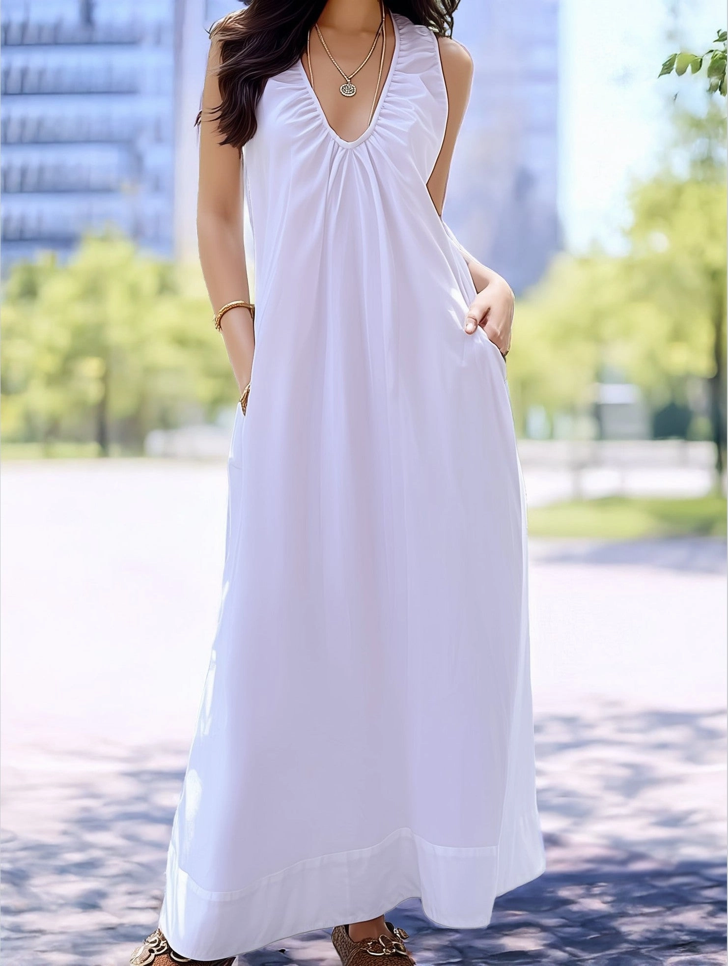 Seaside Vacation Sleeveless U-Neck Maxi Dress ??Flowy Resort Style Smooth Surface