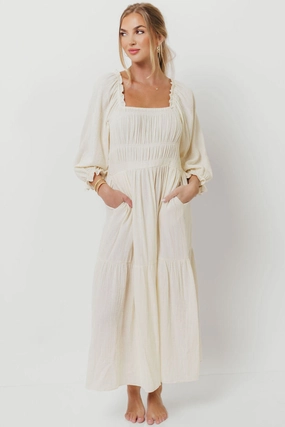 Lightweight Comfort museum visit Dawn 100% Cotton Gauze Midi Dress in Soy