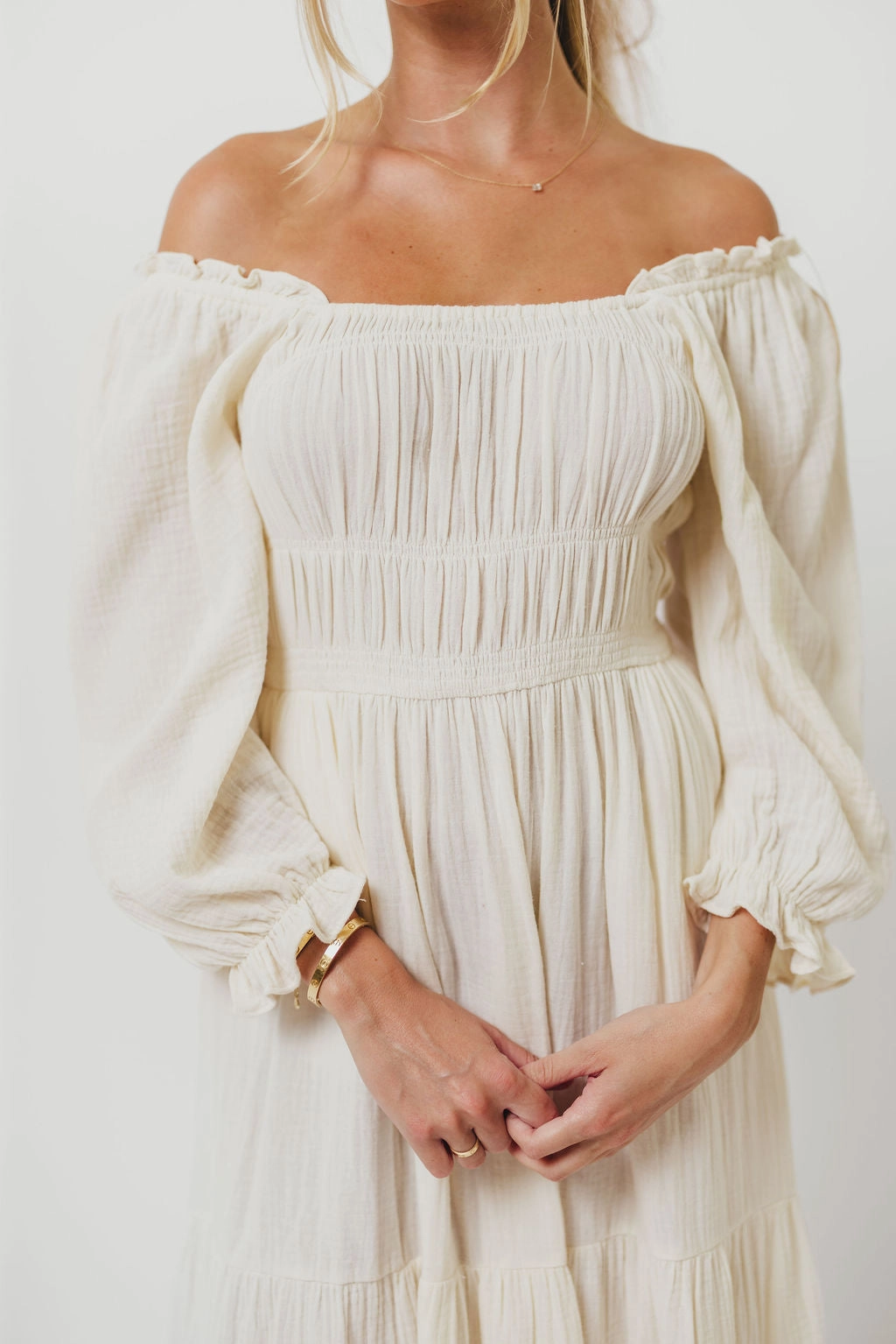 Dawn 100% Cotton Gauze Midi Dress in Soy Grace Color Sculpted Form