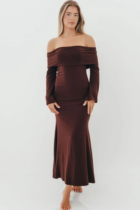 Monroe Maxi Dress with Long Sleeves in Chocolate Brown- Bump Friendly Smart Layer Wear