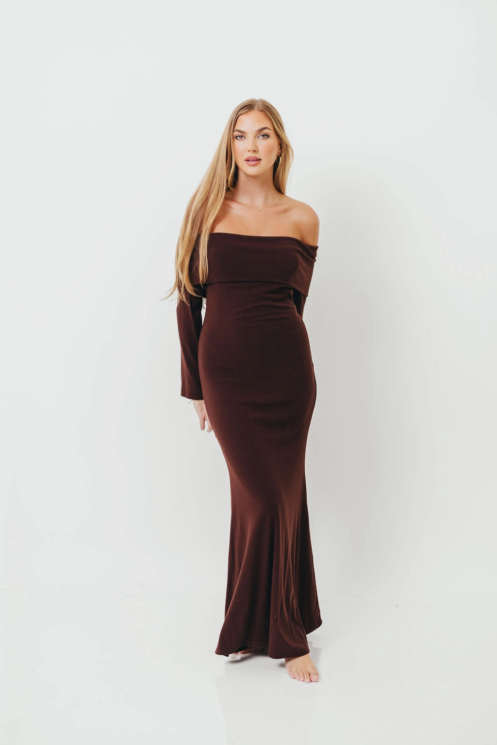 Monroe Maxi Dress with Long Sleeves in Chocolate Brown- Bump Friendly Slit-Hem Shade Soft