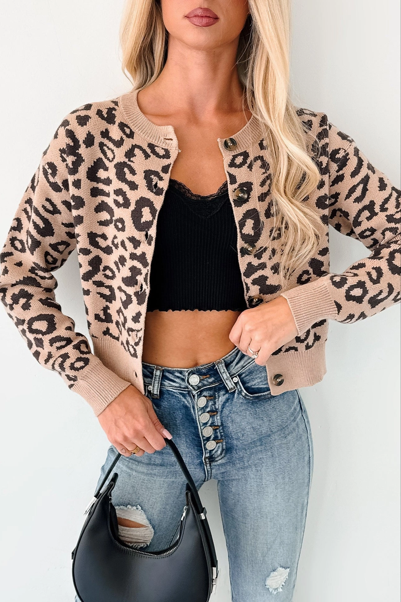 Wildly Lovely Leopard Print Cardigan (Khaki/Brown) Layered Neckline Details Anti Slip Shoulder Padding