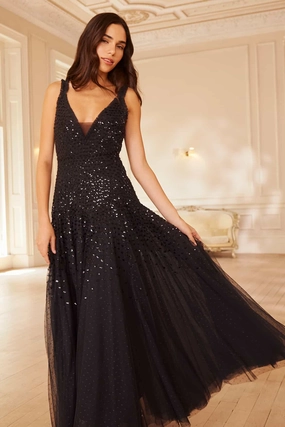 Silky texture Comfy Look Sequin Cascade Cami Plunge Gown