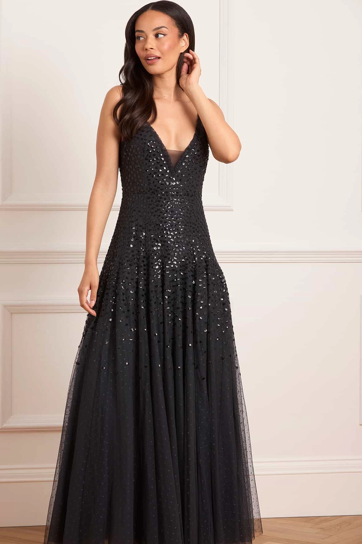 Silky Shape Layered Fit Sequin Cascade Cami Plunge Gown