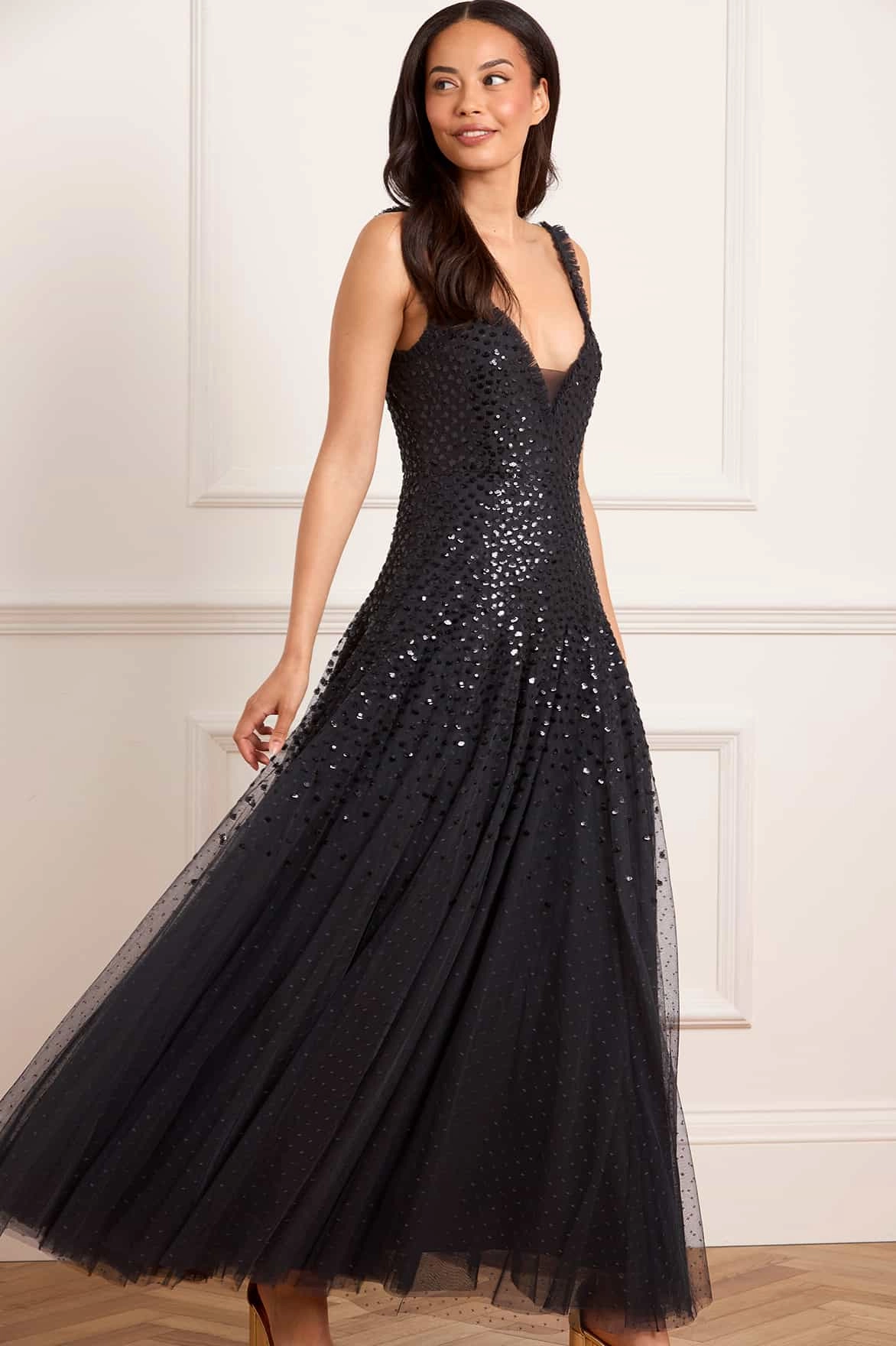 Geometric-pattern Sequin Cascade Cami Plunge Gown