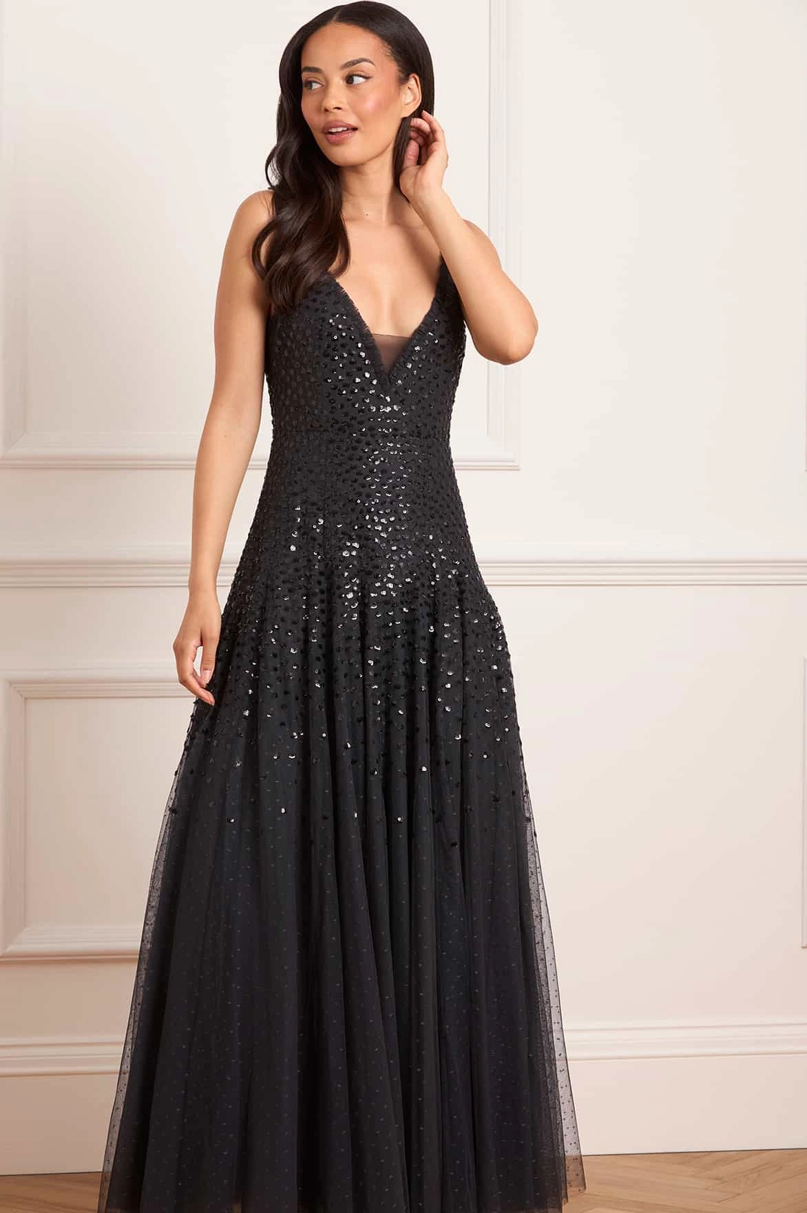 Sheer Light Sequin Cascade Cami Plunge Gown