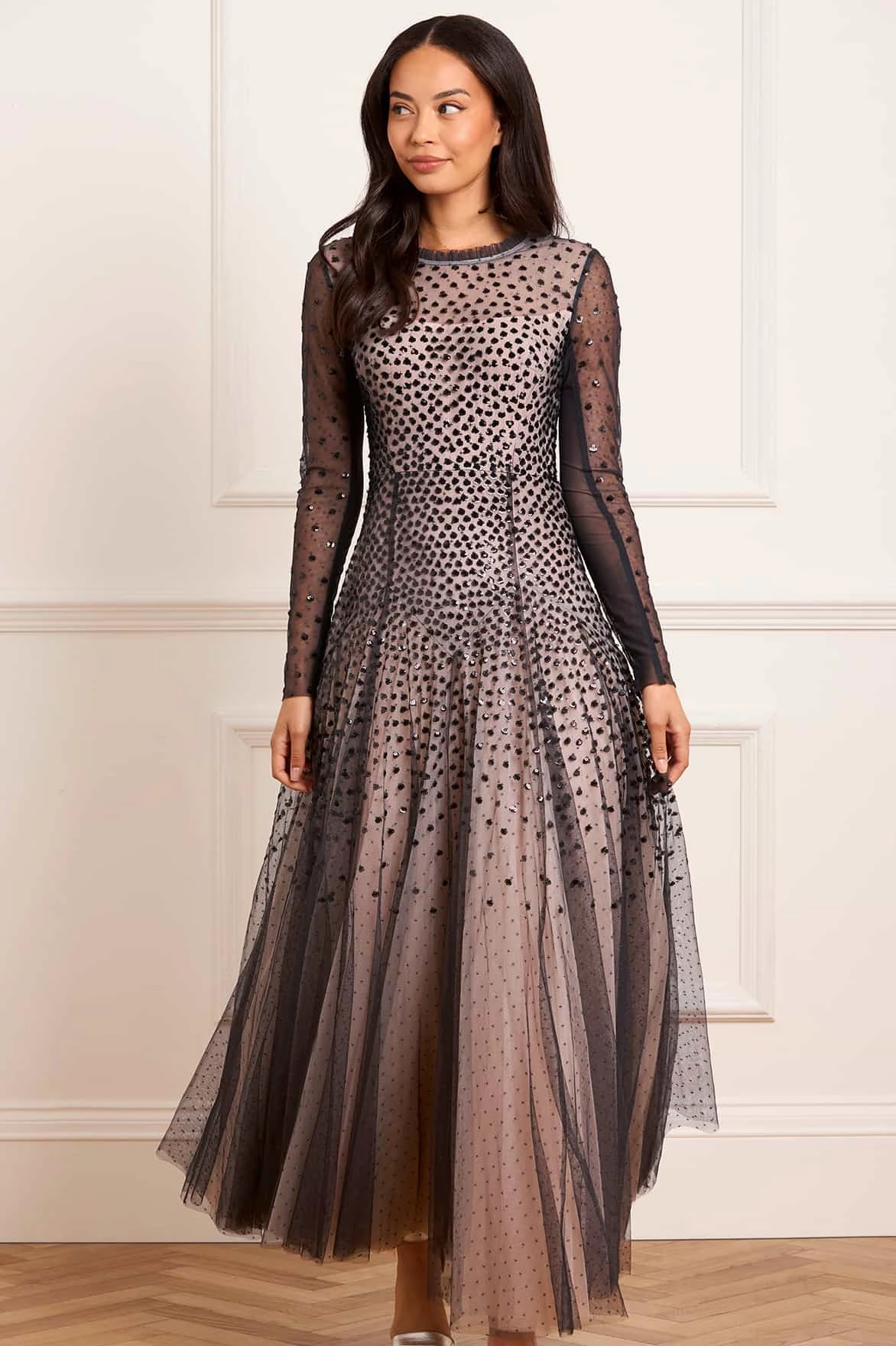 Sequin Cascade Round Neck Gown Mood Flex