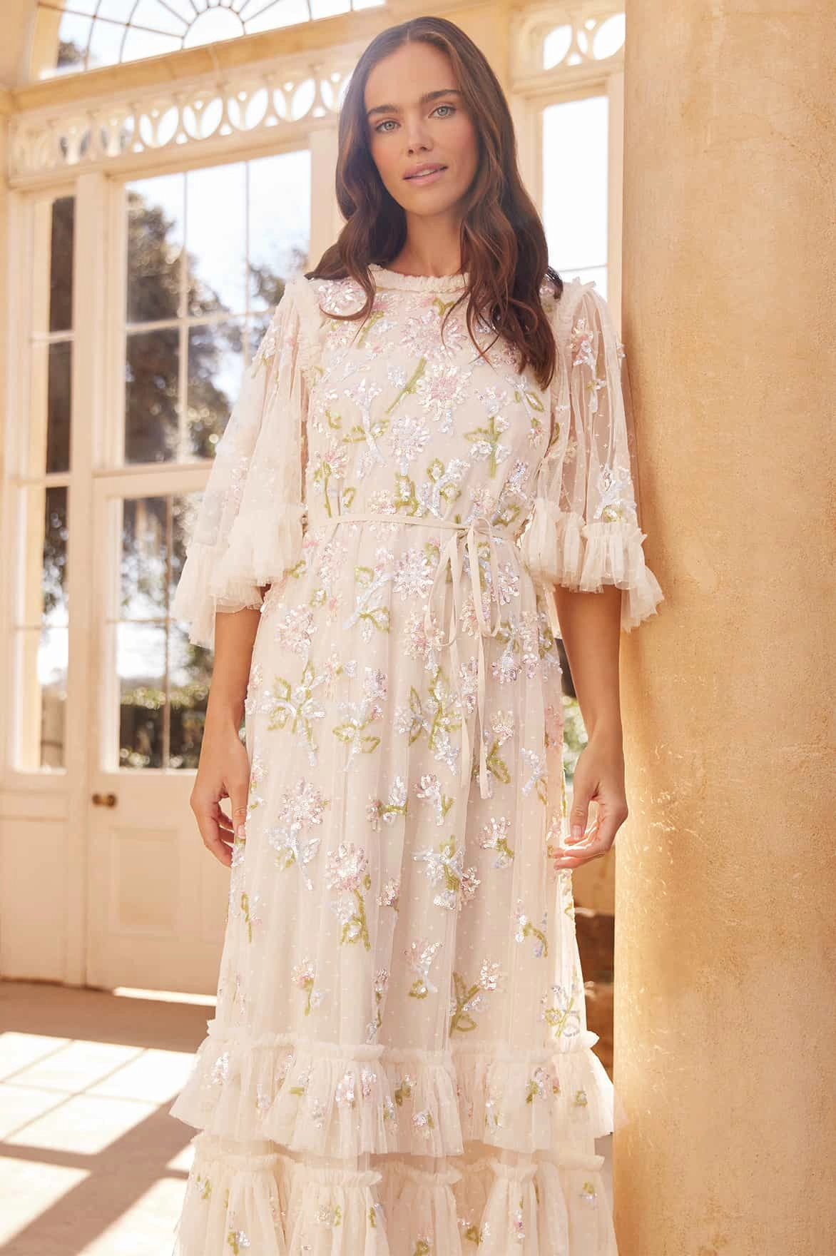 Silky Surface Bloom Soft Sequin Dandelion Gloss Ballerina Dress