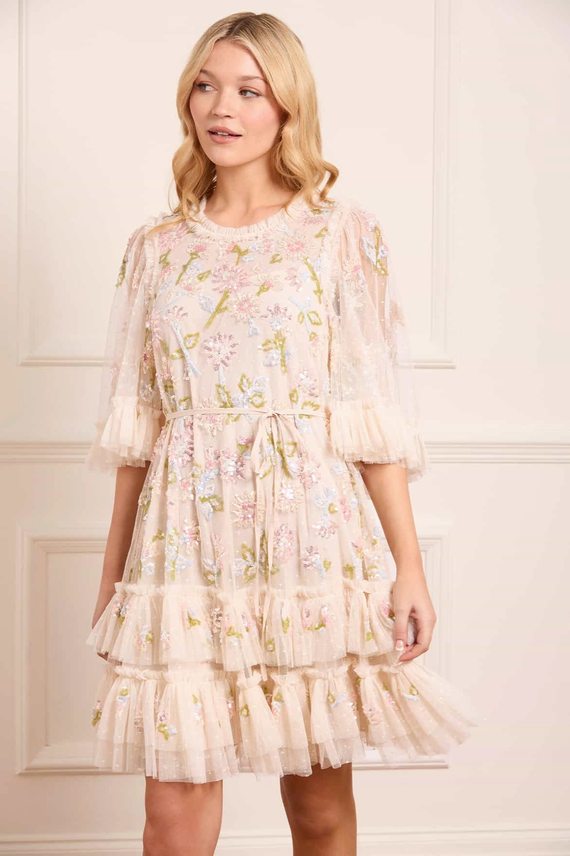 Scandi Light Cap-Sleeve Sequin Dandelion Gloss Mini Dress