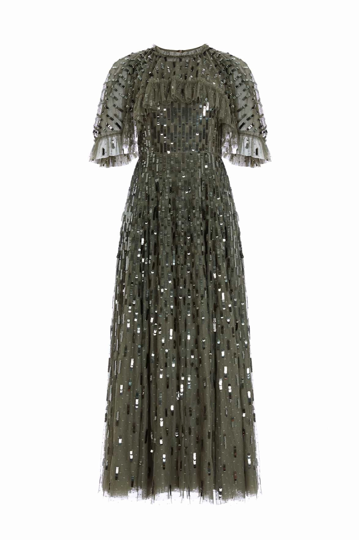 Adjustable-Length Peace View Sequin Dash Cape Ankle Gown