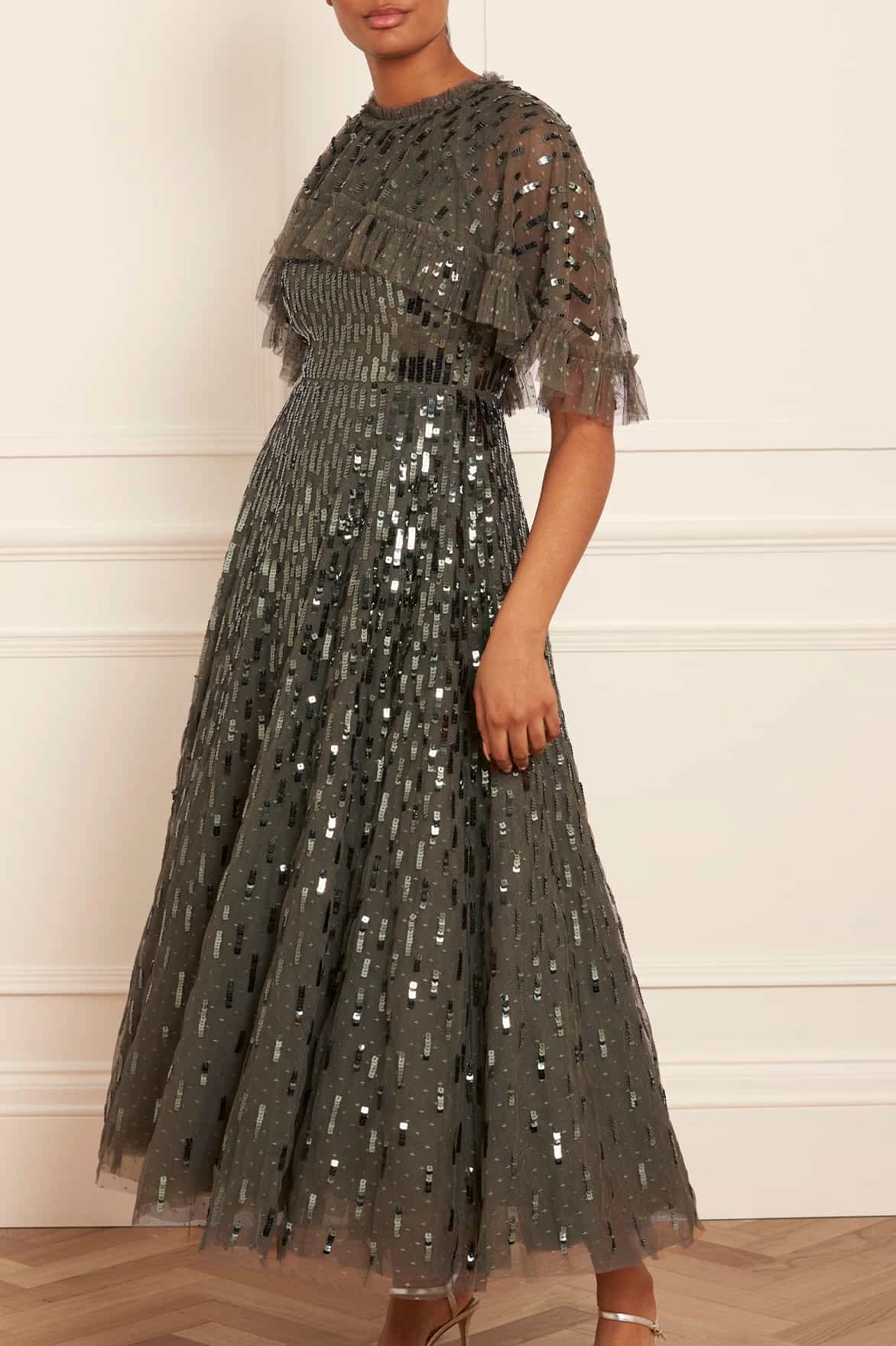 Sequin Dash Cape Ankle Gown Pure Tone