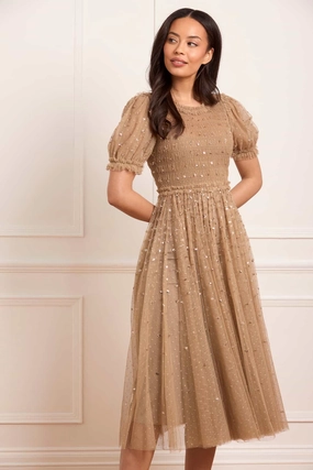 Sequin Giselle Smocked Ballerina Dress Semi Sheer Night Out