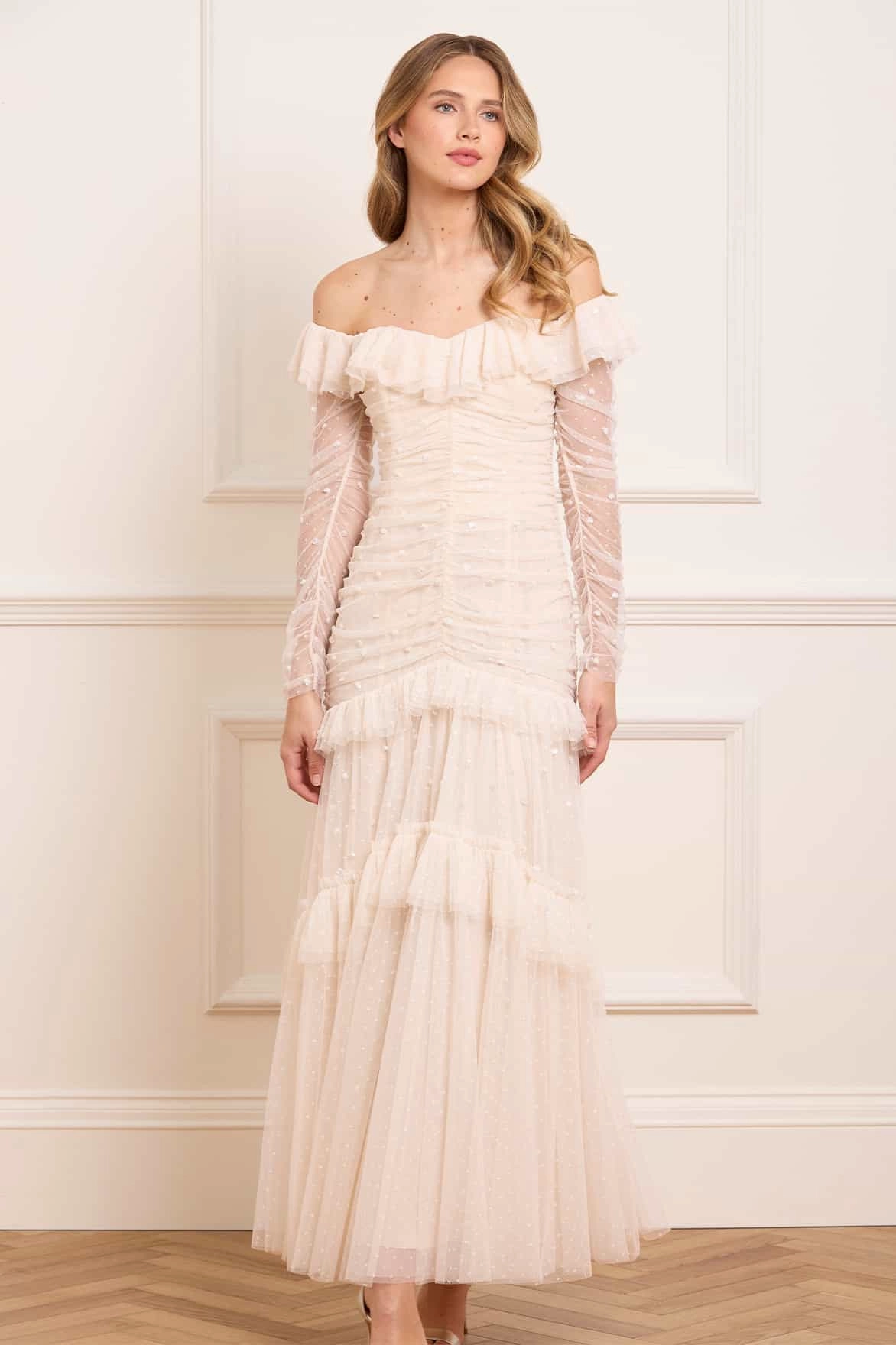 Lightweight and Breezy Night Charm Sequin Glimmer Rouched Off-Shoulder Gown