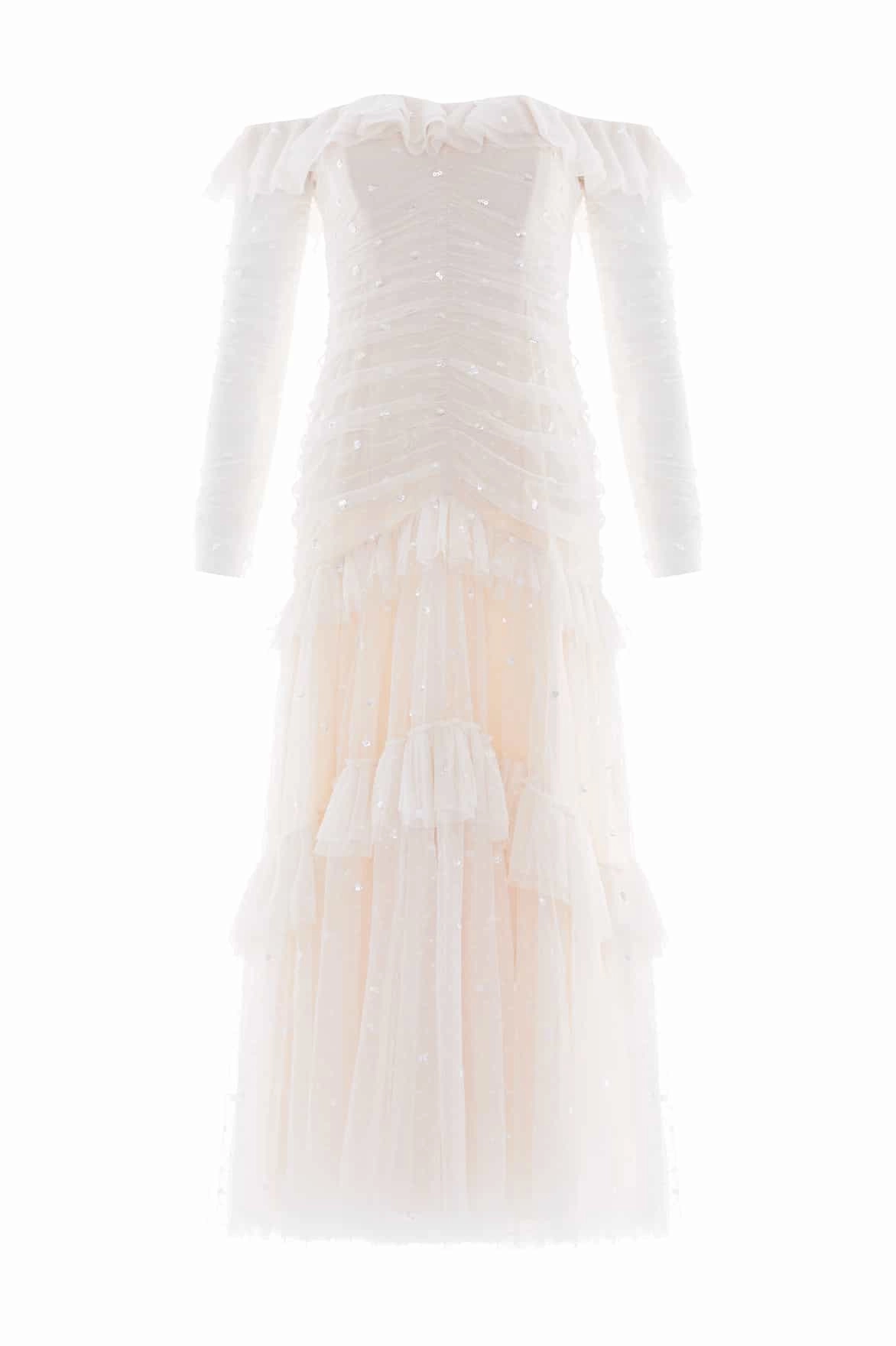 High-Fashion A-Line Sequin Glimmer Rouched Off-Shoulder Gown