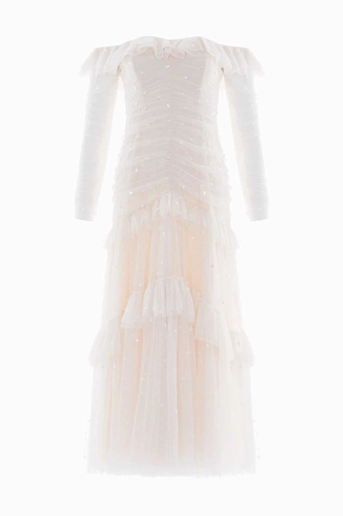 Sequin Glimmer Rouched Off-Shoulder Gown Red-Carpet Neutral Feel