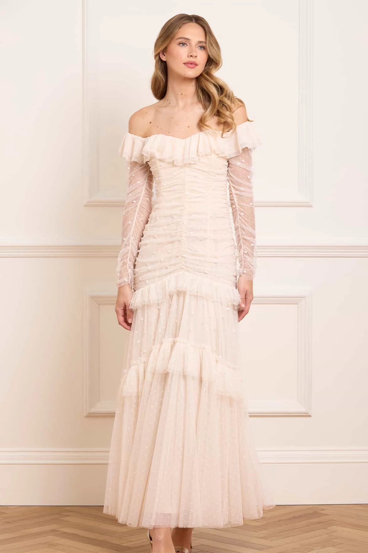 Sequin Glimmer Rouched Off-Shoulder Gown Chic Harmony