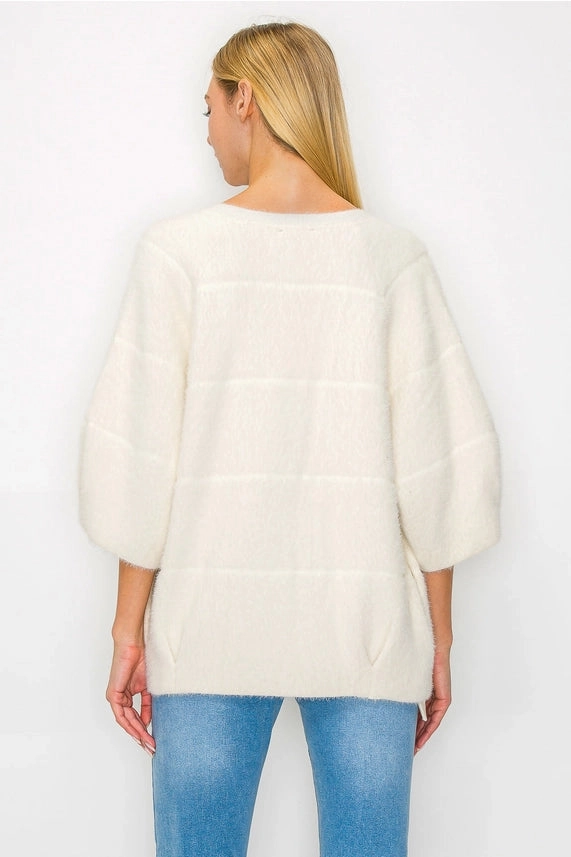 Neutral Tone Stitching Serenity Knitted Fur Cardigan in Cream