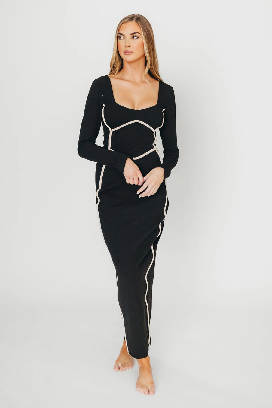 Shana Bodycon Midi Dress with Piping Trim in Black *Final-Sale* Trendy Vibe Flexible Fabric