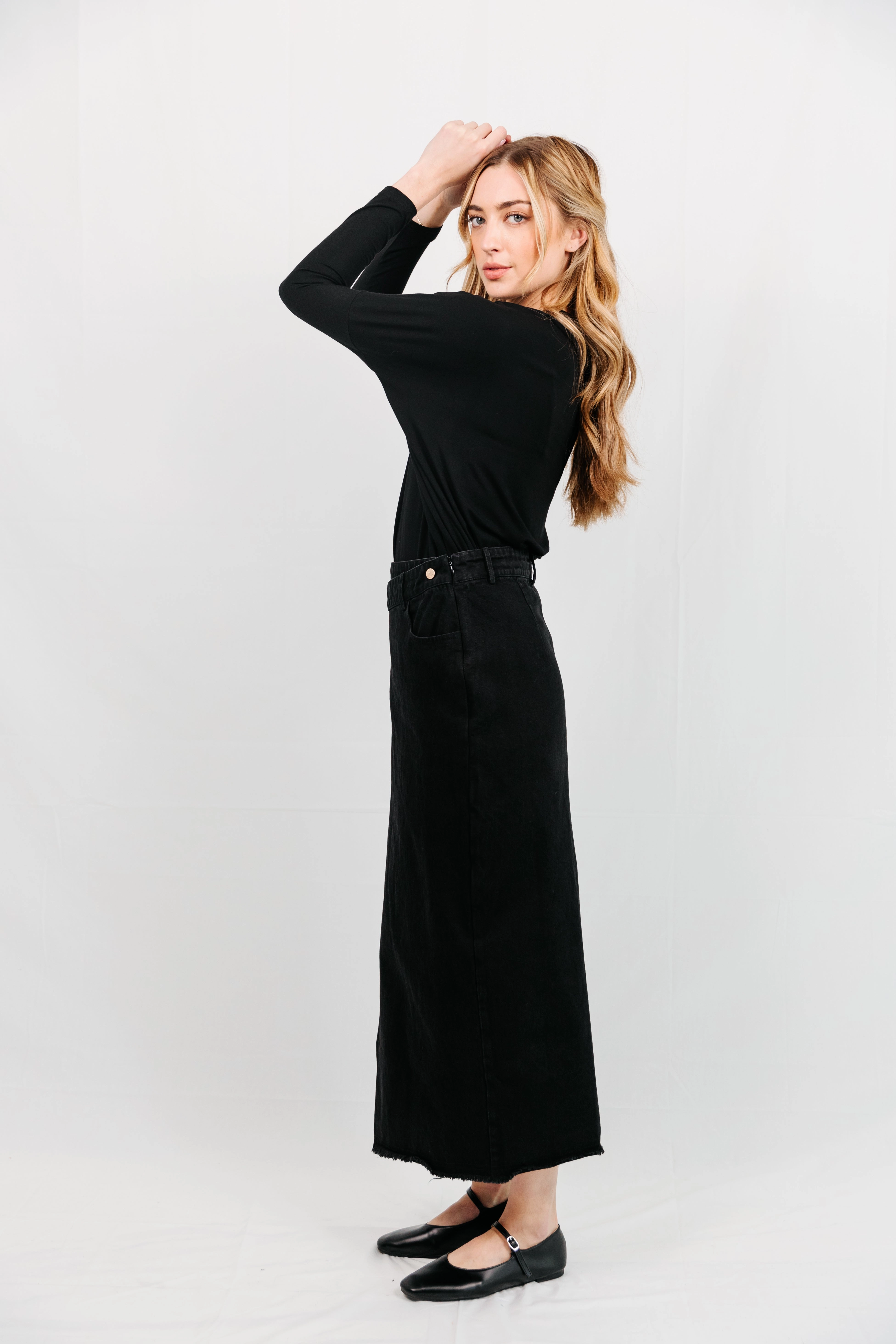 Sustainable Innovation Shayne Maxi Black Denim Skirt