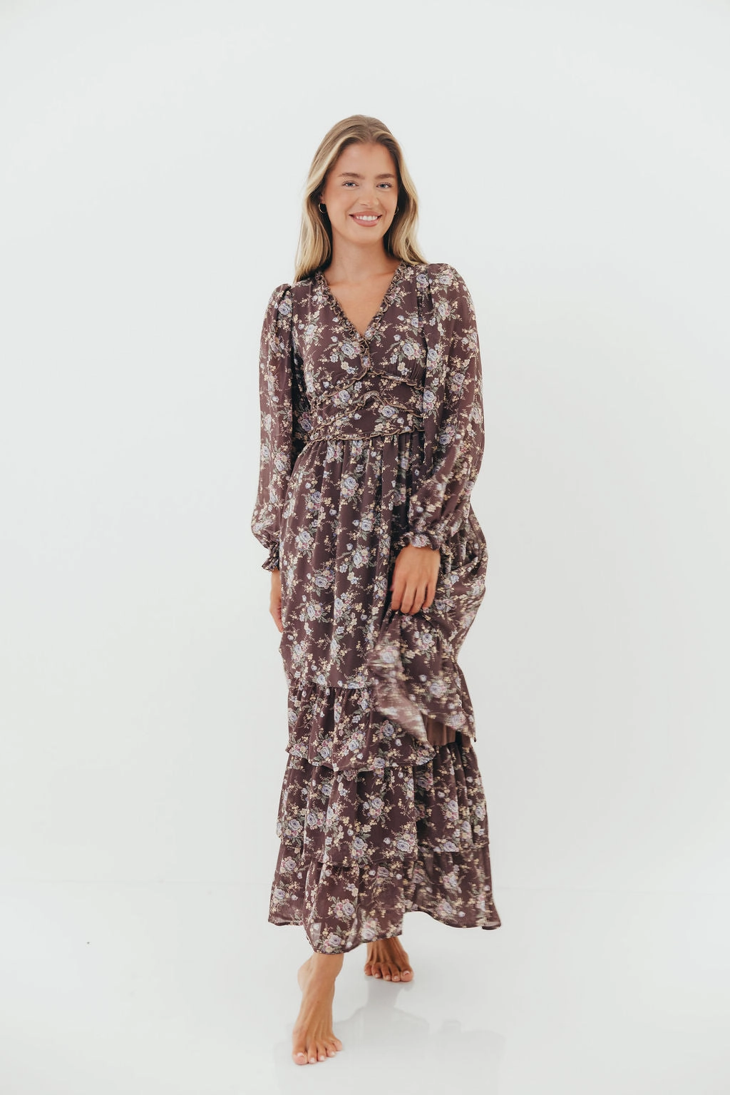 Shenae Ruffled Tiered Floral Maxi Dress in Mocha Mousse Cool Palette MoldResistantTexture