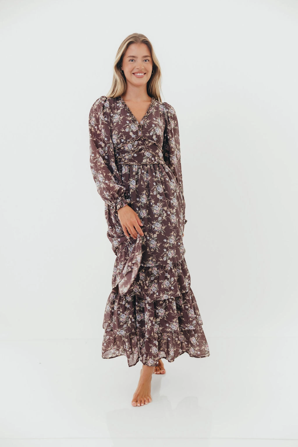 Pure Fit Shenae Ruffled Tiered Floral Maxi Dress in Mocha Mousse