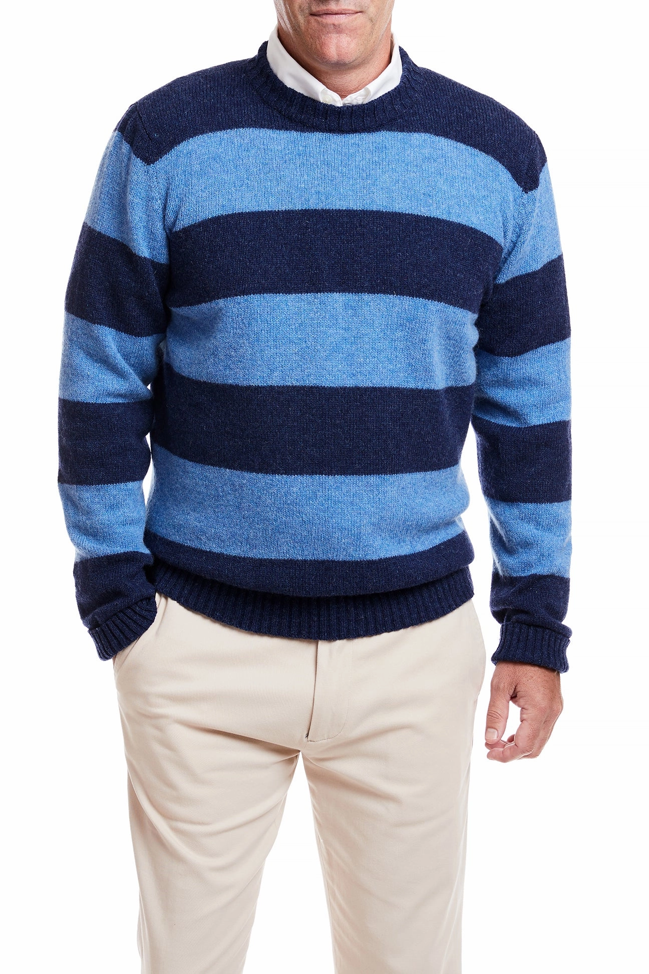 Quick-Dry Fashionable Shirt Shetland Crewneck Sweater Navy & Denim Rep Stripe
