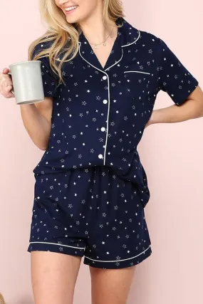 TaglessNecklineComfort Double Needle Hemming SHORT SLEEVE NOTCH COLLAR PAJAMA SET