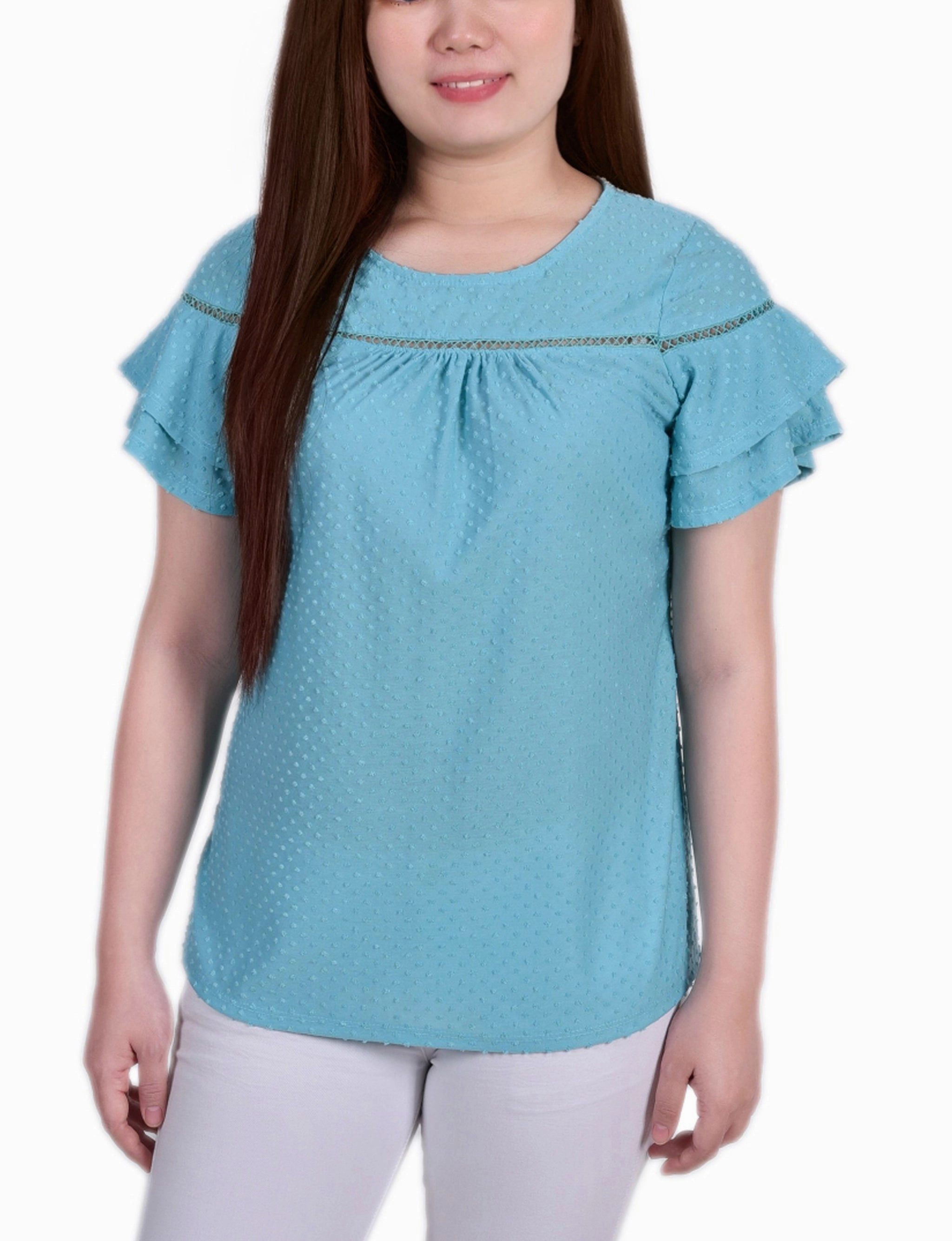 sporty wear Short Double Flutter Sleeve Swiss Dot Top
