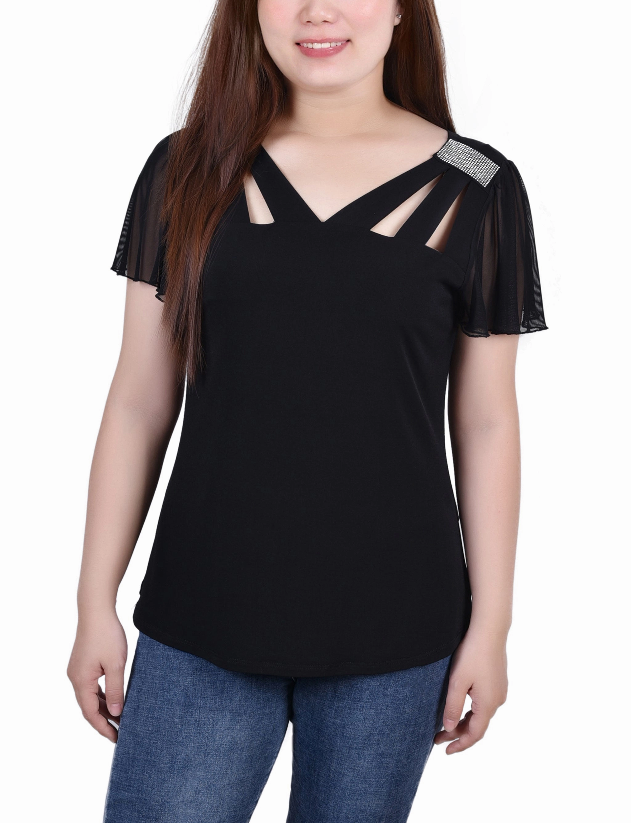 TearResistantWeave Short Flutter Sleeve Top With Cutouts and Stones