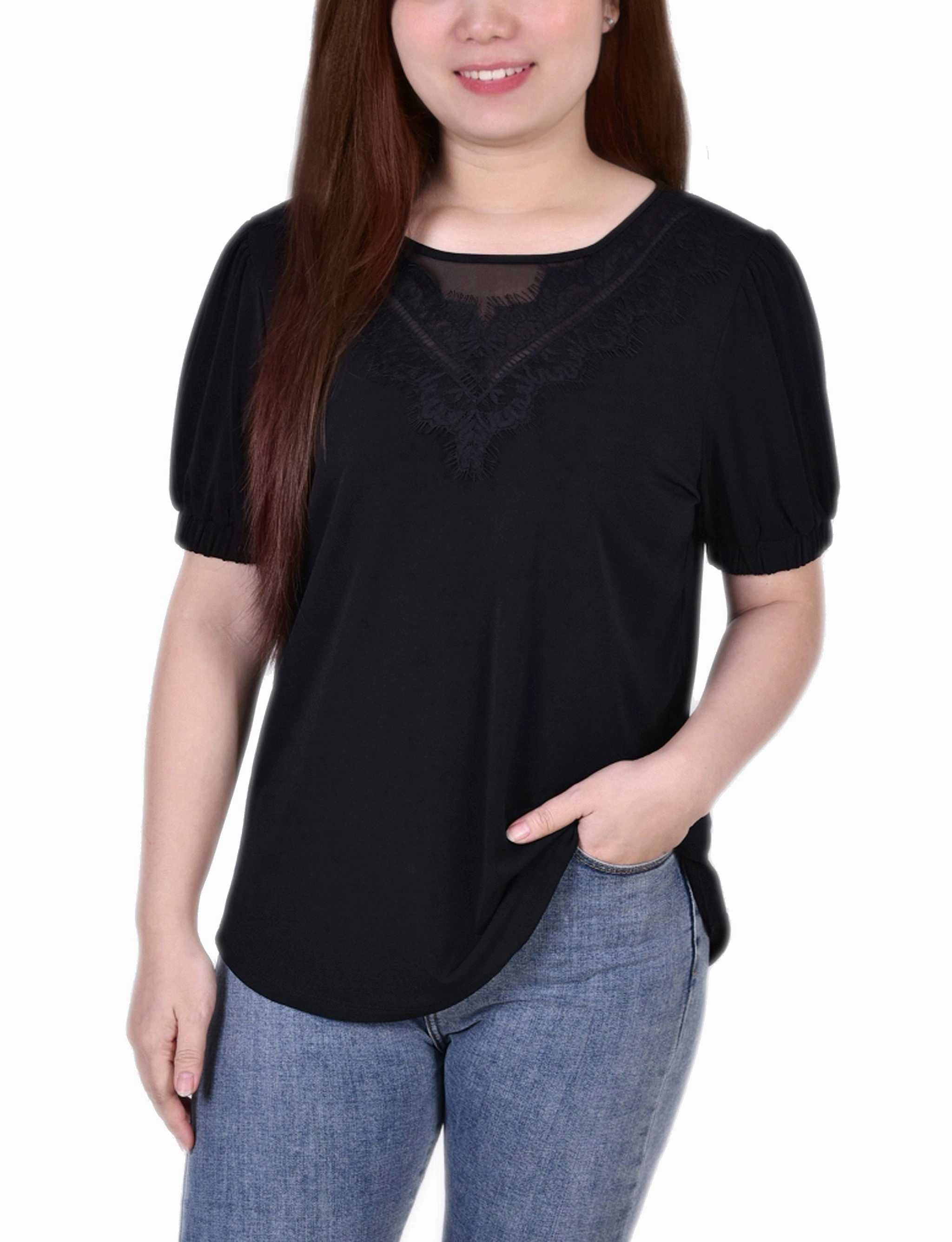 Short Puff Sleeve Top With Lace DurableWeave WaterRepellent Coating