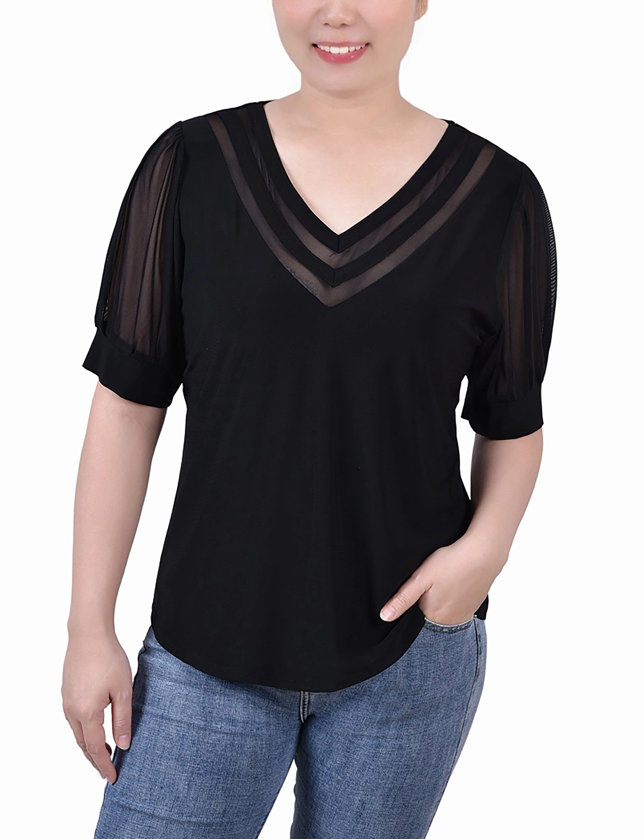 Recycled Polyester Everyday Comfort Short Puff Sleeve V Neck Top
