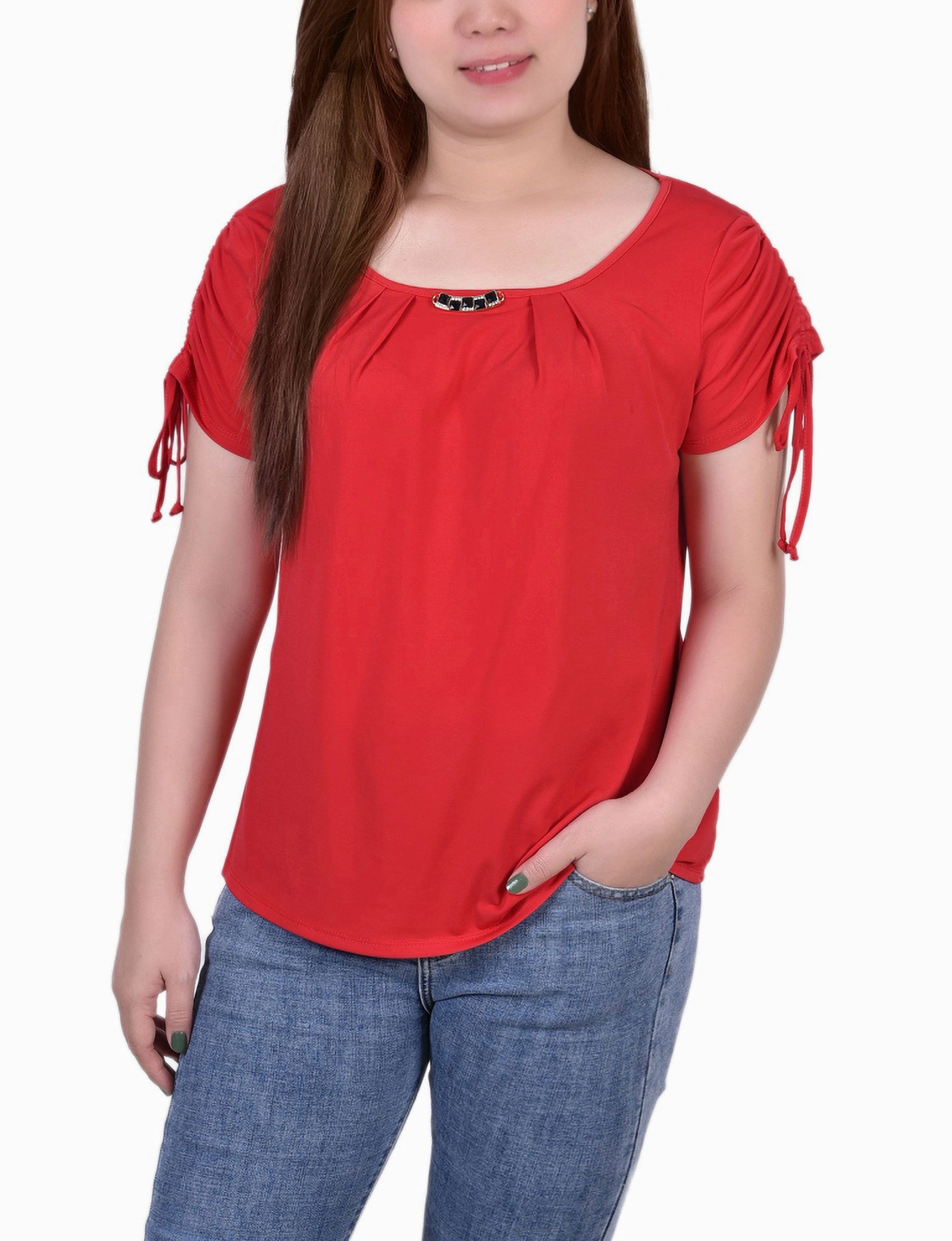 Antibacterial Short Ruched Sleeve Top With Pleats