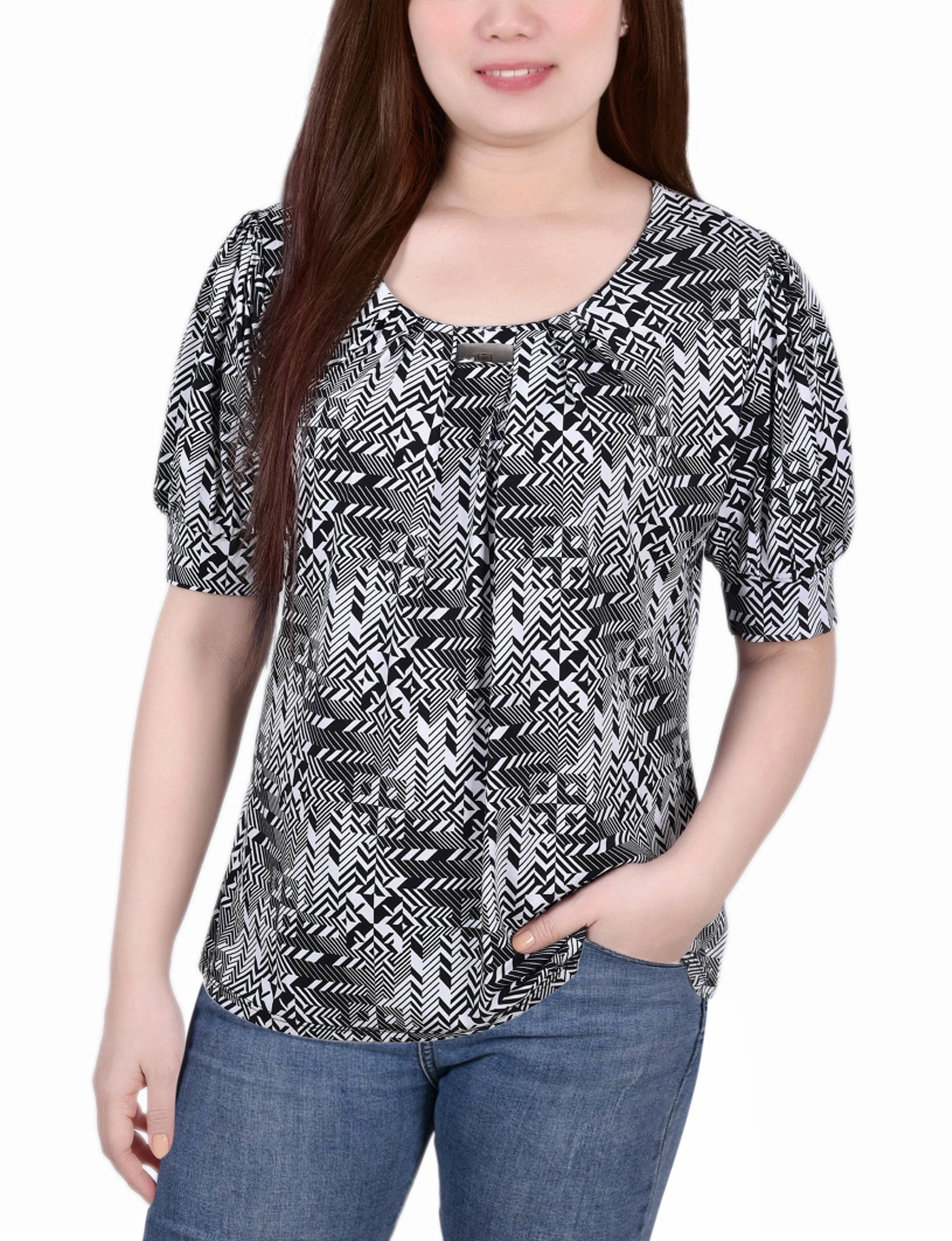 Metallic Fiber Blend Bonded Seam Tape Short Sleeve Balloon Sleeve Top