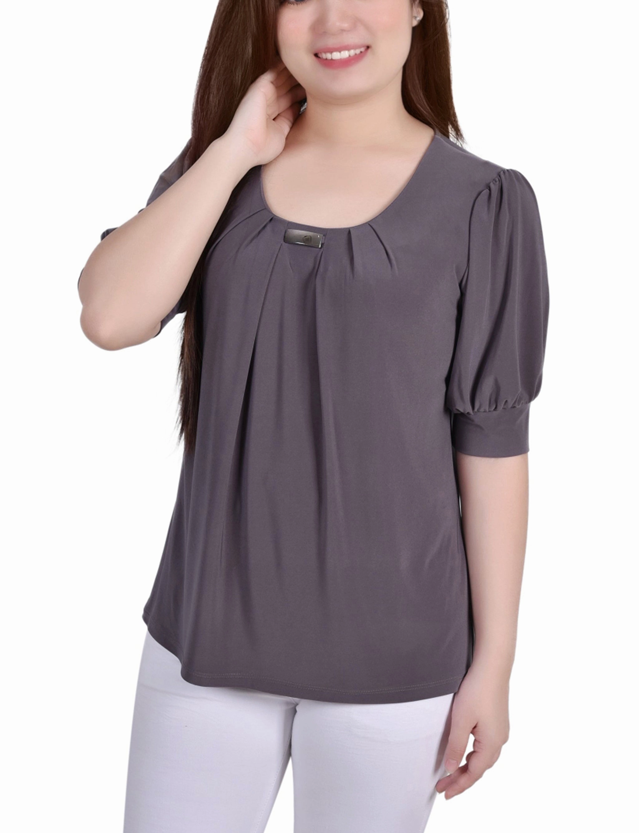 SnagResistant Short Sleeve Balloon Sleeve Top With Hardware